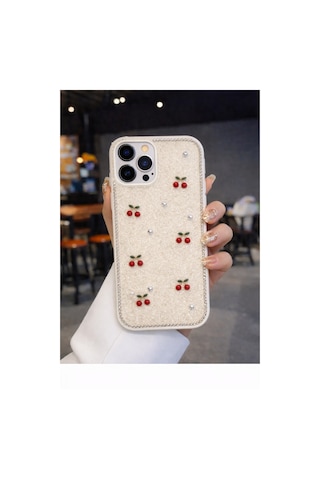Apple Uyumlu iPhone 15 Pro Kiraz Figürlü Simli İnci Taşlı Lüx Silikon Kılıf Krem