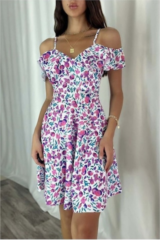 Lior Design Kadın Trend Model Esnek Krep Kumaş Kruvaze Yaka Volanlı Abiye Elbise Beyaz