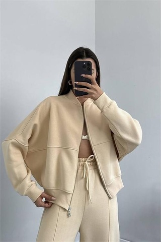 Neşeli Butik Kadın Penye 3 İplik Şardonlu Kumaş Eşofman Takım Gts022 - Bej Bej