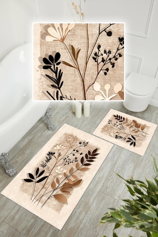 Dijital Baskı Yaprak Desen Kaymaz Taban 2li Set Banyo Paspası Klozet Takımı 50x60cm-60x100cm Krem
