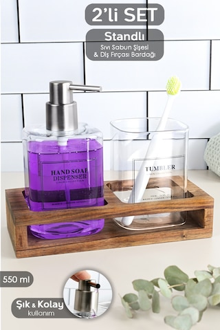 Ahşap Standlı Cam Sıvı Sabunluk Seti - Sıvı Sabun Şişesi Diş Fırçalığı Banyo Seti Şeffaf 550 Ml Beyaz