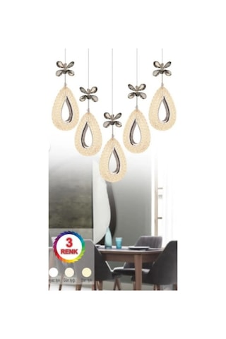 Damla 5 Li Gümüş Yemek Masası Üstü 3 Renk Ledli Kumandalı Modern Sarkıt Led Avize