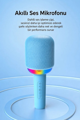 Exenar - Mavi - Kablosuz Bluetooth Karaoke Mikrofonu 5w Rgb Işıklı Taşınabilir Kablosuz Mikrofon Şarjlı 1200 Mah