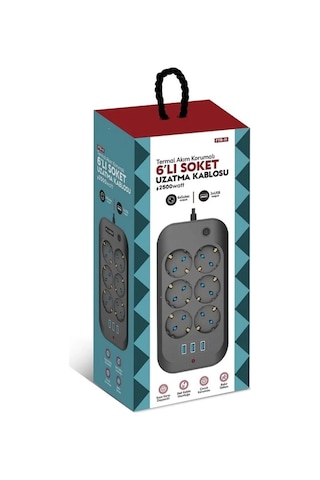 6'lı Termal Akım Korumalı Priz 3x Usb Giriş