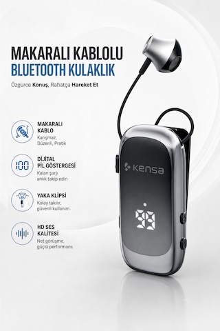 Kensa Makaralı Kulaklık Bluetooth 6.0 20 Saat Konuşma Dijital Ekran Titreşimli Hızlı Şarjlı