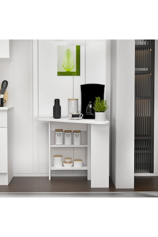 Corner Kahve Köşesi Çok Amaçlı Raflı Mutfak Masası, Beyaz Beyaz