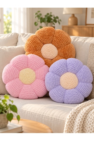 El Yapımı Örgü Çiçek Yastık Yumuşak Dokulu Dekoratif Papatya Kırlent 30 Cm Pembe
