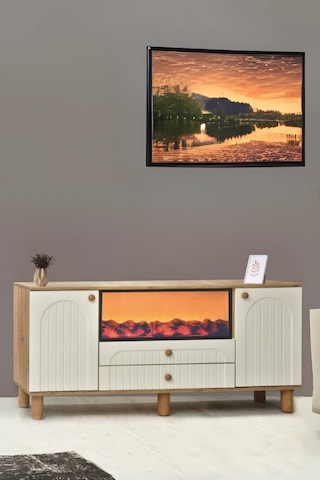 Lidya Şömineli Konsol 2 Kapaklı 2 Çekmeceli Beyaz Alev Efektli 160x80x44 Cm