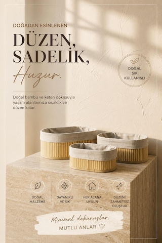3'lü Oval Kumaşlı Çok Amaçlı Bambu Sepet Seti Kahverengi