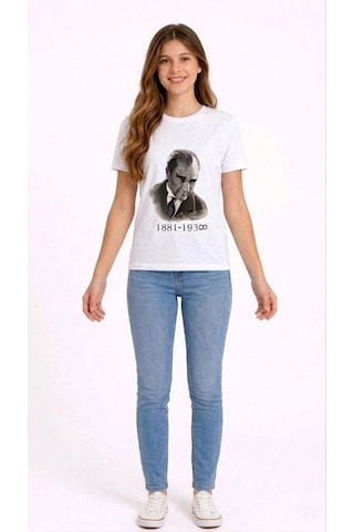 Primemağazam Kız Çocuk Atatürk Baskılı Tişört Kısa Kollu Bisiklet Yaka T-shirt - Beyaz Çeşitli