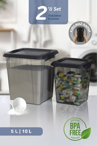 2'li Set 5-10l Kilit Kapak Saklama Kutusu Deterjanlık - Un Bakliyat Erzak Saklama Kabı Organizer Box Siyah