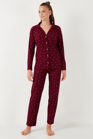 Lela Streç Standart Fit Düğmeli Bayan Pijama Takımı 60956601 Bordo