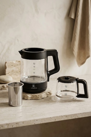 Demzade Isıya Dayanıklı Borosilikat Cam Elektrikli Çay Makinesi Alt 1,7 Lt Üst 0,9 Lt 1850-2200 W Kettle Çaycı Çay Seti