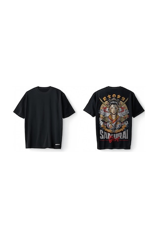 Bumeta Samurai Girl Japon Savaşçı Samuray Anime Baskılı Oversize Unisex Tişört T-shirt Siyah