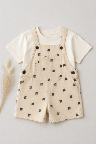 Eray Alp Kids Unisex Çocuk Baskılı Ayıcık Salopet Alt Üst Takım Yazlık Günlük Model Çok Renkli