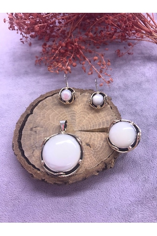 Nsa Gümüş Sedef Taşlı 925 Ayar Doğal Taş El İşi Gümüş Set