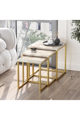 Atlantis 3'lü Gold Metal Zigon Sehpa Mermer Desen Atl7-ge Beyaz