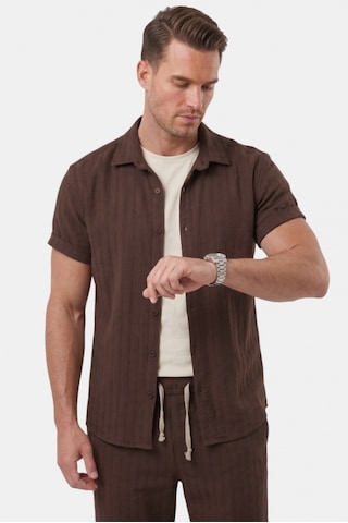 Deep Sea Deepsea Kahve Slim Fit Çizgi Dokulu Keten Görünümlü Kısa Kol Erkek Spor Gömlek 2602648