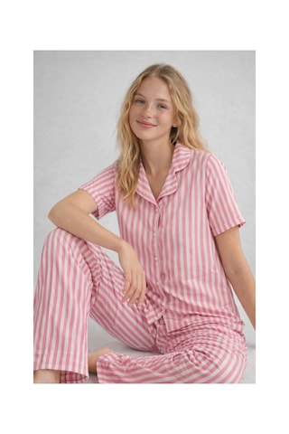 Rindahomewear Pamuklu Örme Kumaş Desenli Düğmeli Pijama Takım Pembe Çizgili