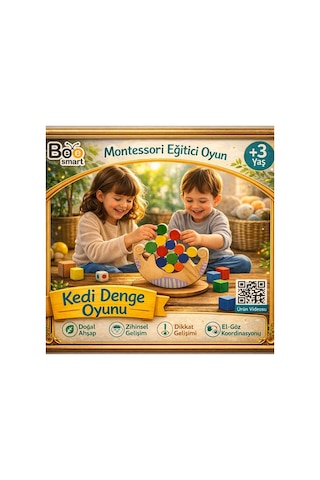 Montessori Kedi Denge Oyunu Ahşap Denge Oyuncağı 3+ Yaş