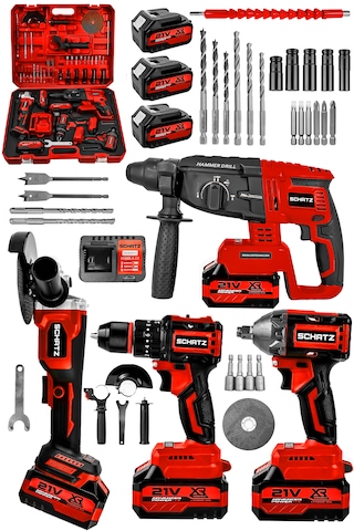Schatz 21v Darbeli Kömürsüz Kırıcı Delici Hilti & Taşlama & Matkap & Somun Sıkma Sökme 4'lü Set Kırmızı
