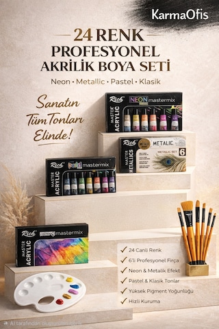 Profesyonel Akrilik Boya Seti 24 Renk Neon + Metallic + Pastel + Klasik 6 Lı Fırça & Palet Dahil Ekru