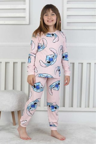 Sevimli Karakter Baskılı %100 Pamuklu Kız Çocuk Pijama Takımı - Pembe Penye Mevsimlik Takım Pembe