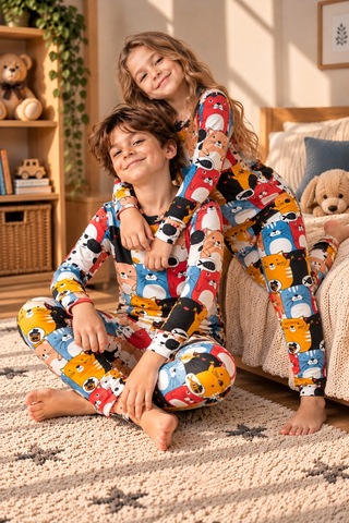 Free Beka Sevimli Desenli Bisiklet Yaka %100 Pamuklu İnterlok Kumaş Kız Ve Erkek Çocuk Uzun Kollu Pijama Takımı Çok Renkli