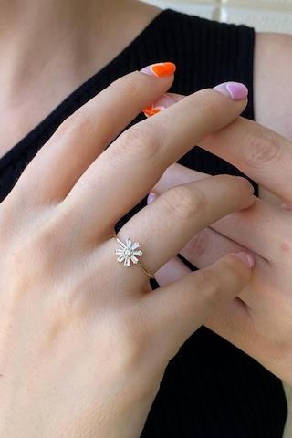 Zümrüt Sarraf 14 Ayar Yeşil Altın Kadın Minimal Taşlı Papatya Yüz 553891797