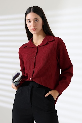 Ribana Regular Fit Uzun Kollu Durres Dokulu Kadın Gömlek Bordo