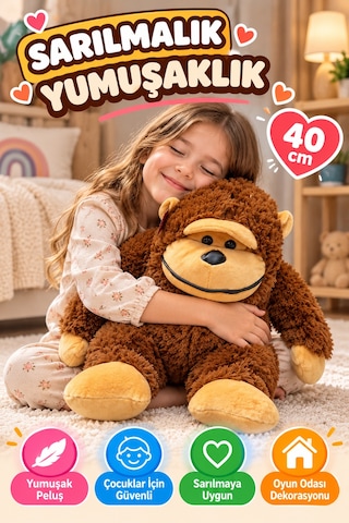 40 Cm Peluş Goril Oyuncak Yumuşak Sevimli Maymun Çocuk Odası Oyun Uyku Arkadaşı Kahverengi Büyük Boy Kahvrengi