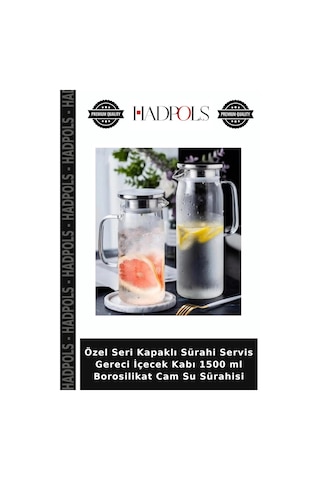 Özel Seri Kapaklı Sürahi Servis Gereci İçecek Kabı 1500 Ml Borosilikat Cam Su Sürahisi