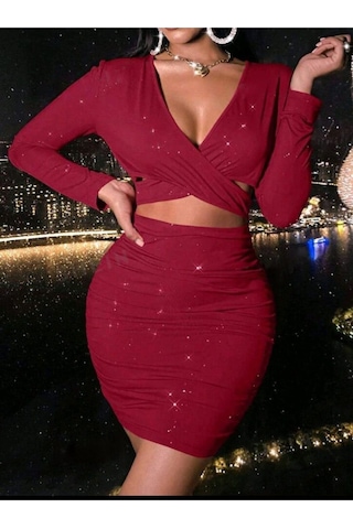 Simli Kruvaze Kesim Uzun Kollu Göğüs Dekolteli Mini Bodycon Elbise Kırmızı