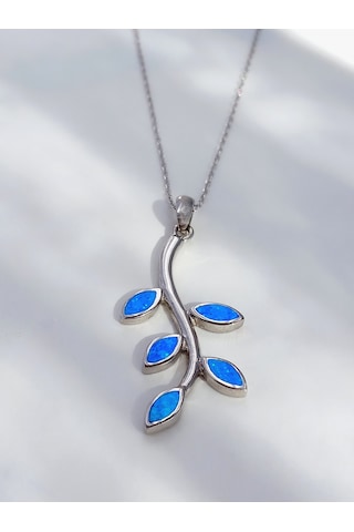 Keskin Gümüş Mavi Opal Taşlı Yaprak Tasarım Kadın Gümüş Kolye