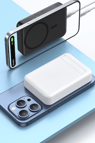 Thentech Magsafe Özellikli Mıknatıslı Kablosuz Powerbank 10000mha Ayaklı Kullanım Şık Powerbank Beyaz