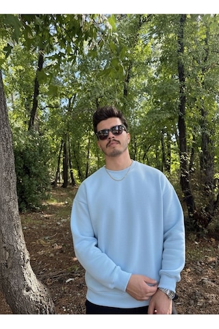 Erkek Oversize Bisiklet Yaka Geniş Kesim Sweatshirt Mavi