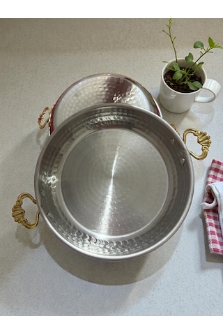 2 Li Krom Sahan Tavası Seti Gold Kulplu Dayanıklı Ve Şık Tasarım 21 Cm Gümüş
