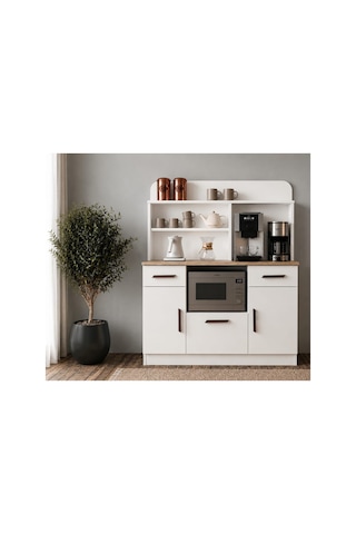 Rudu Milano Kahve Köşesi Mutfak 120x41x161cm Çok Amaçlı Dolap 3 Kapaklı 3 Raflı 2 Çekmeceli-beyaz