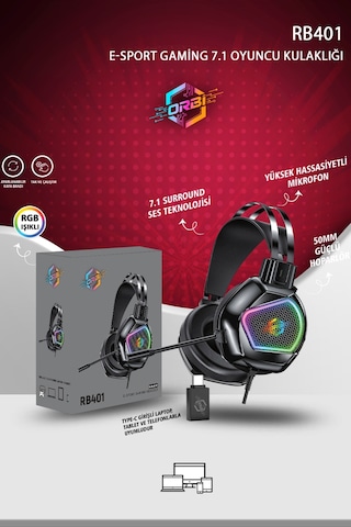 Rb401 Rgb Aydınlatmalı Mikrofonlu Gaming Oyuncu Kulaklığı Type-c Otg İle Usb 7.1