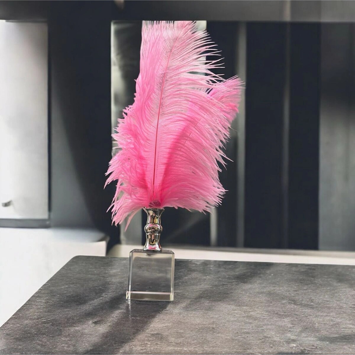 Dekoratif Küçük Boy Küp Kristal Cam Deve Kuşu Tüyü Açık Pembe Gümüş
