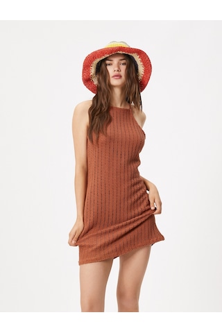 Koton Mini Triko Elbise Bodycon Kolsuz Halter Yaka Dar Kesim Kahverengi 3sal80197ık 3SAL80197IK519