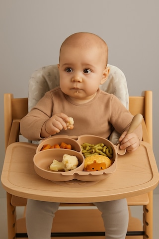 2'li Silikon Bebek Beslenme Seti / Bölmeli Mama Tabağı / Bebek Bardağı - Moka Mocca