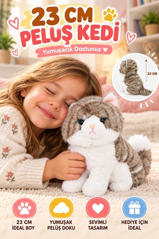 23 Cm Gri Peluş Kedi Oyuncak Yumuşak Sevimli Kedi Figürlü Çocuk Oyuncağı Doğum Günü Hediyesi Seti Çok Renkli