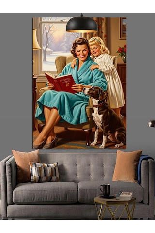 Mutlu Aile Köpekleri İle Retro Dekoratif Kanvas - Mdf Ahşap Tablo