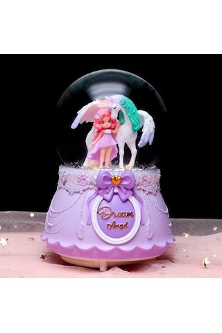 Pembe Unicorn Ve Sevimli Kız Temalı Büçük Boy Püskürtmeli Müzikli Işıklı Kar Küresi