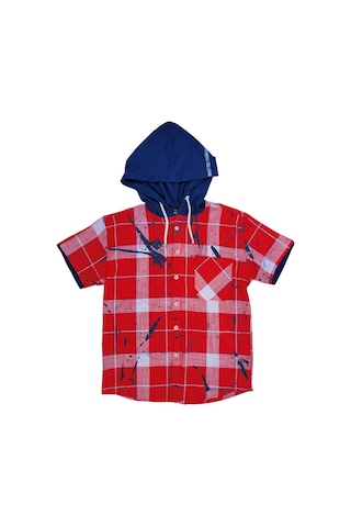 Erkek Çocuk Kapüşonlu Kareli Kısa Kollu Tasarım Gömlek-12523 Kırmızı