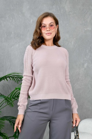 Kadın Bisiklet Yaka Kolları Ajurlu Basic Triko Kazak Pudra