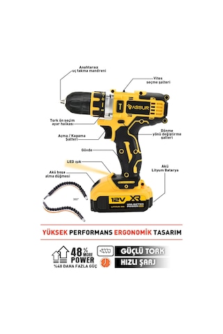 Assur 12V Çift Akülü Vidalama Metal Şanzıman Şarjlı Matkap - 1945