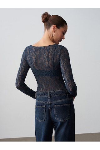 Dilvin 32764 Kayık Yaka Dantel Top-indigo İndigo