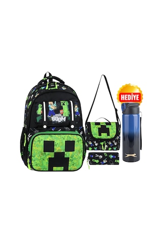 Minecraft Okul Sırt Çantası , Beslenme Çantası Kalemlik Seti Lisanslı Çelik Suluk & Matara Siyah